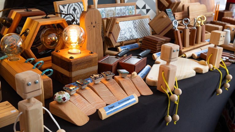 Beautifully crafted wooden items on display at an artisan bazaar at Baddesley Clinton, Warwickshire